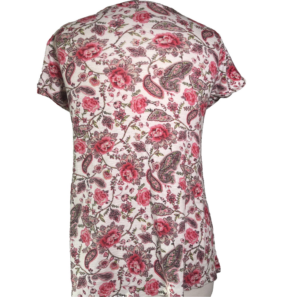 J Jill Pima V-neck Short Sleeve Cotton White Floral T-shirt SP Roses Pink White - Picture 4 of 4